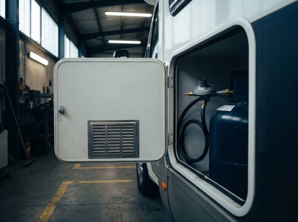 Gasflaschenkasten eines Wohnmobils mit Regler und Anschluss