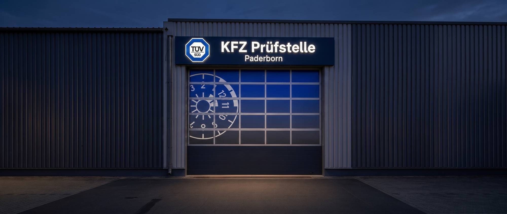 Beleuchtetes Eingangsschild der Kfz-Prüfstelle Paderborn bei Dämmerung