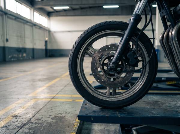 Vorderrad und Bremsscheibe eines Motorrads auf der Hebebühne