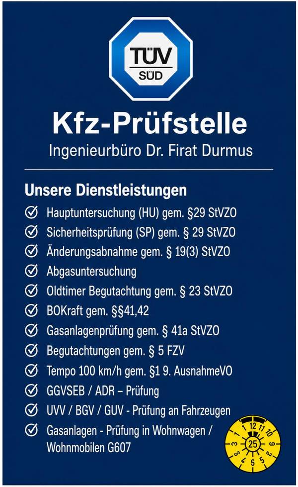 Dienstleistungstafel der TÜV SÜD Kfz-Prüfstelle Paderborn – Ingenieurbüro Dr. Firat Durmus