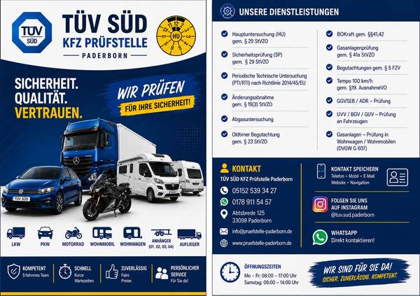 Übersichtsgrafik der Kfz-Prüfstelle Paderborn: LKW, PKW, Motorrad, Wohnmobil, Wohnwagen, Anhänger, Auflieger und Traktor
